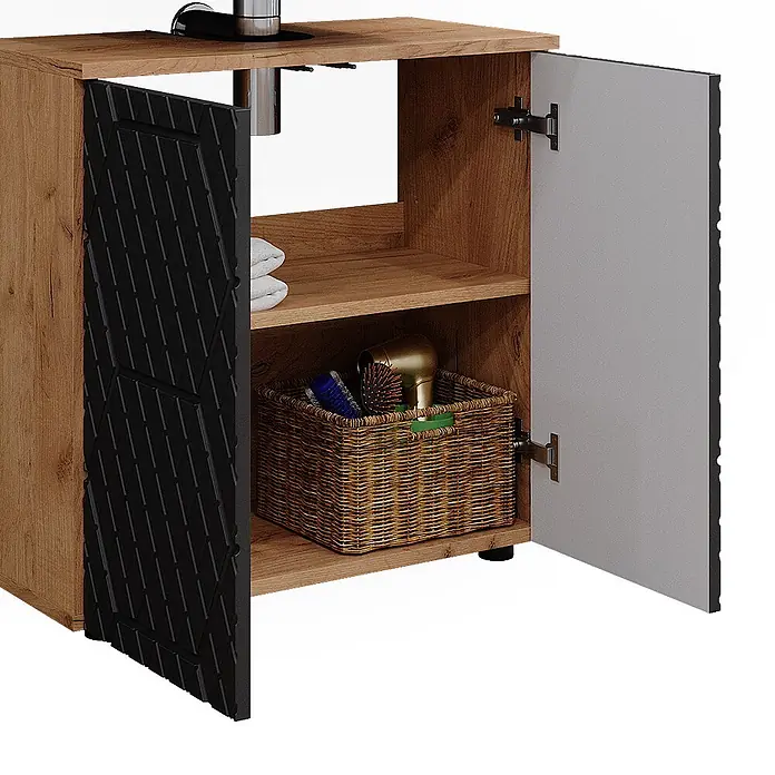 Vicco Badmöbel-Set Irma Anthrazit mit Wabenstruktur 3 Teile, mit Unterschrank 60 cm - Gesamtbreite Badmöbel: 120 cm, Anthrazit mit Wabenstruktur, Matt - Helles Badezimmermöbel in Holzoptik mit offenen strukturierten schwarzen und grauen Türen, Regalböden und Aufbewahrungskorb.