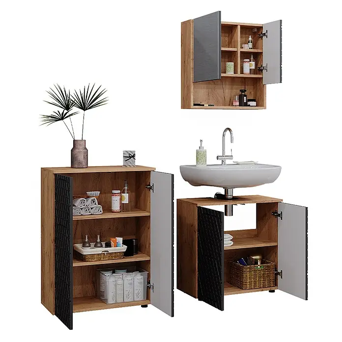 Vicco Badmöbel-Set Irma Anthrazit mit Wabenstruktur 3 Teile, mit Unterschrank 60 cm - Gesamtbreite Badmöbel: 120 cm, Anthrazit mit Wabenstruktur, Matt - Dreiteiliges Badmöbel-Set in Holzoptik mit schwarzen Texturakzenten und grauen Türen, bestehend aus Waschtischunterschrank, Hochschrank und Spiegelschrank.