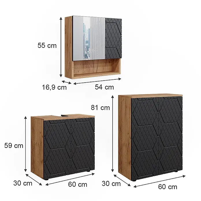 Vicco Badmöbel-Set Irma Anthrazit mit Wabenstruktur 3 Teile, mit Unterschrank 60 cm - Gesamtbreite Badmöbel: 120 cm, Anthrazit mit Wabenstruktur, Matt - Set aus drei Holzoptik-Schränken mit schwarzen Rautenmuster-Türen, darunter ein Wandschrank mit Spiegel und zwei Bodenschränke. Maße sind angegeben.
