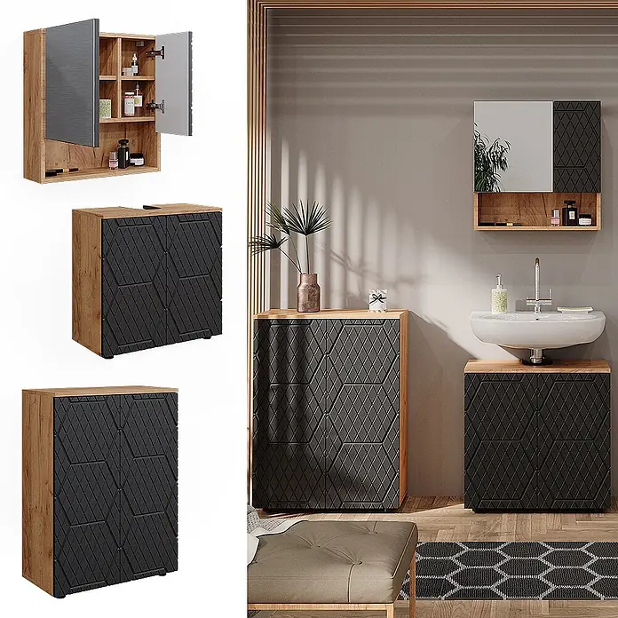 Vicco Badmöbel-Set Irma Anthrazit mit Wabenstruktur 3 Teile, mit Unterschrank 60 cm - Gesamtbreite Badmöbel: 120 cm, Anthrazit mit Wabenstruktur, Matt - Modernes Badmöbelset mit Holzoptikrahmen und dunklen Rautenmuster-Türen, bestehend aus Spiegelschrank, Waschtisch und Hochschrank.