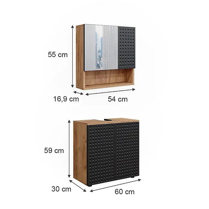 Vicco Badmöbel-Set Irma Anthrazit gepunktet 2 Teile, Unterschrank 60 cm - Gesamtbreite Badmöbel: 60 cm, Anthrazit gepunktet, Matt - Zwei Badezimmerschränke: ein 55x54x16,9 cm (HxBxT) Spiegelschrank und ein 59x60x30 cm (HxBxT) Waschtischunterschrank, Holzoptik mit schwarzen strukturierten Fronten.