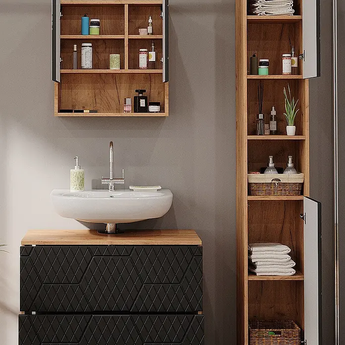 Vicco Badmöbel-Set Irma Anthrazit 3 Teile, mit Schubladenschrank und Hochschrank - Gesamtbreite Badmöbel: 110 cm, Anthrazit mit Wabenstruktur, Matt - Badezimmer-Aufbewahrungslösung mit schwarzem, texturiertem Waschtisch, weißem Waschbecken und hellen Holzschränken.