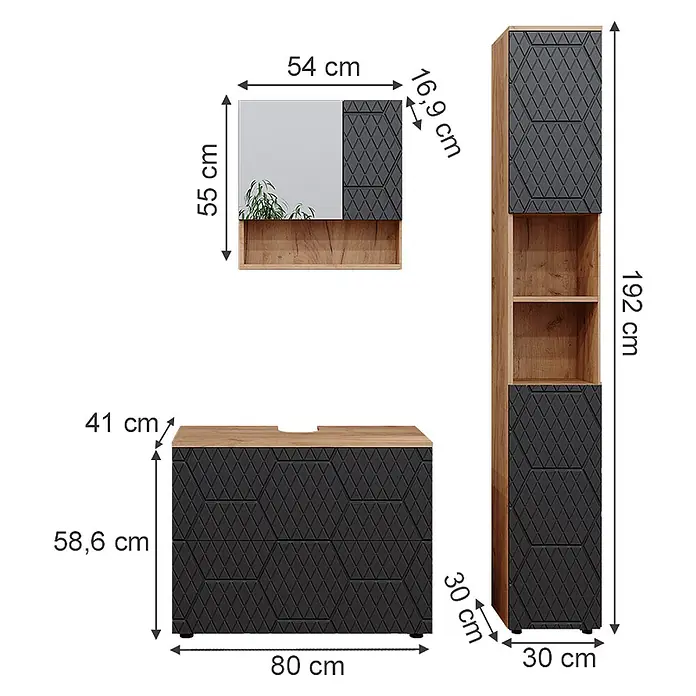 Vicco Badmöbel-Set Irma Anthrazit 3 Teile, mit Schubladenschrank und Hochschrank - Gesamtbreite Badmöbel: 110 cm, Anthrazit mit Wabenstruktur, Matt - Badezimmermöbel-Set mit dunkelgrauen, geometrisch strukturierten Fronten und hellen Holzapplikationen, bestehend aus Waschtischunterschrank, Hochschrank und Spiegel mit Ablage.