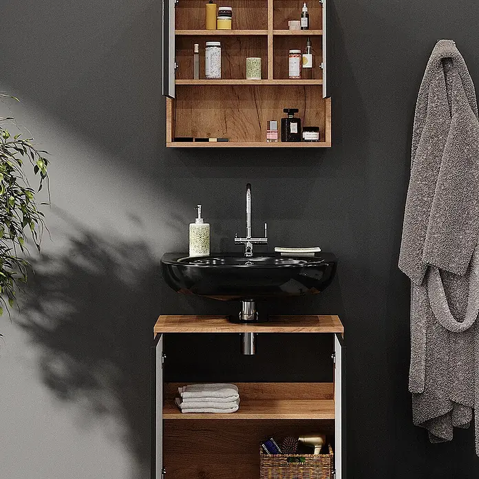Vicco Badmöbel-Set Irma Anthrazit gepunktet 2 Teile, Unterschrank 60 cm - Gesamtbreite Badmöbel: 60 cm, Anthrazit gepunktet, Matt - Schwarzes Keramikwaschbecken mit Chromarmatur und Holzwaschtisch, dazu passender Hängeschrank mit Toilettenartikeln im modernen Bad.