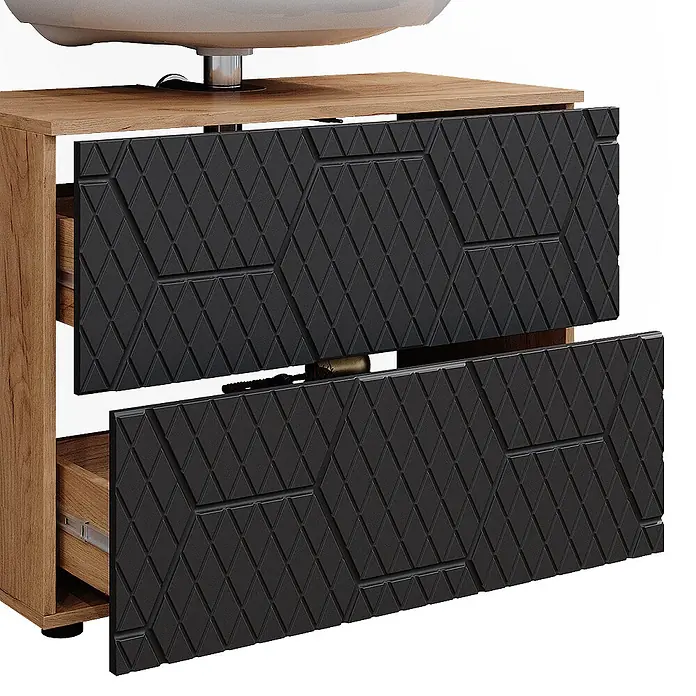 Vicco Badmöbel-Set Irma Anthrazit 3 Teile, mit Schubladenschrank und Hochschrank - Gesamtbreite Badmöbel: 110 cm, Anthrazit mit Wabenstruktur, Matt - Hölzerner Badezimmerschrank mit zwei leicht geöffneten, schwarz texturierten Schubladen unter einem weißen Waschbecken.