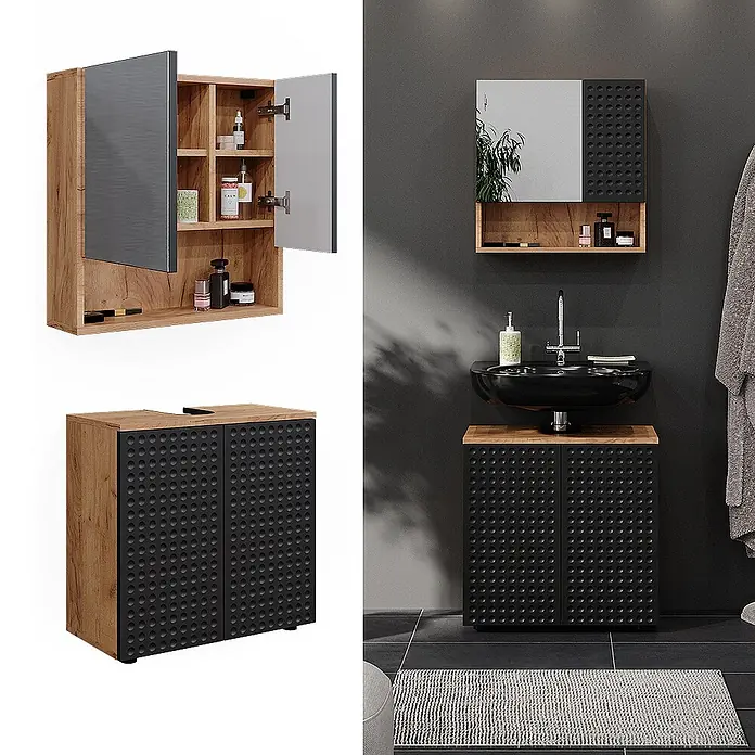 Vicco Badmöbel-Set Irma Anthrazit gepunktet 2 Teile, Unterschrank 60 cm - Gesamtbreite Badmöbel: 60 cm, Anthrazit gepunktet, Matt - Badezimmer-Set in Holzoptik mit schwarzen genoppten Türen, Spiegelschrank, Waschtischunterschrank mit schwarzem Becken, separat und im Bad gezeigt.