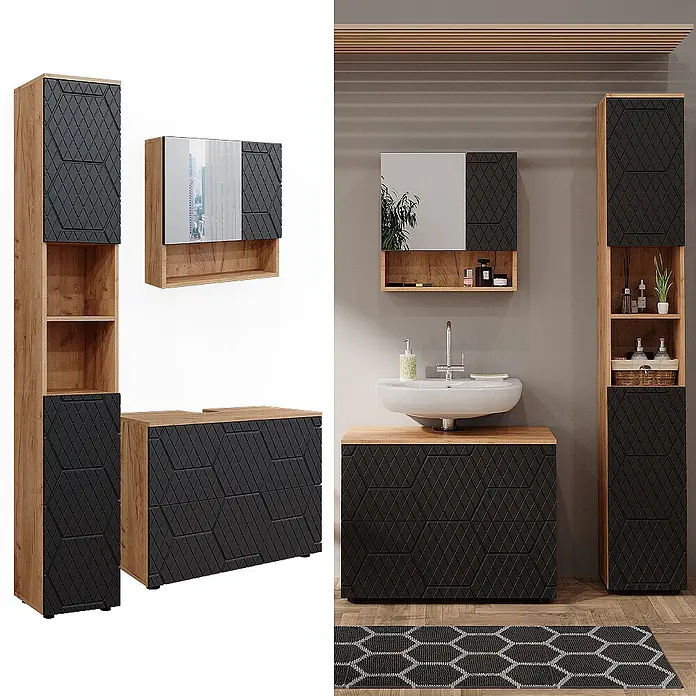 Vicco Badmöbel-Set Irma Anthrazit 3 Teile, mit Schubladenschrank und Hochschrank - Gesamtbreite Badmöbel: 110 cm, Anthrazit mit Wabenstruktur, Matt - Badezimmermöbel-Set aus hellem Holz mit schwarzen, geometrisch gemusterten Fronten. Zeigt Waschtisch-, Hoch- und Spiegelschrank im Bad.