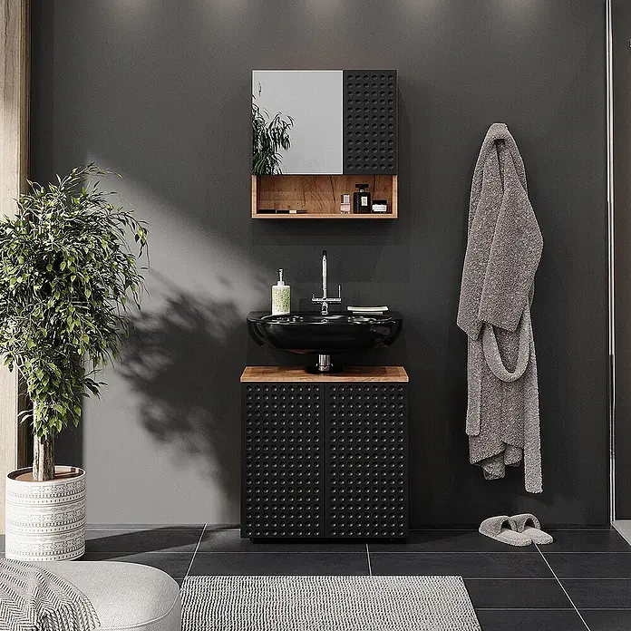Vicco Badmöbel-Set Irma Anthrazit gepunktet 2 Teile, Unterschrank 60 cm - Gesamtbreite Badmöbel: 60 cm, Anthrazit gepunktet, Matt - Moderner schwarzer Badschrank mit Holzdetails und texturierter Oberfläche, passend zum Spiegelschrank.