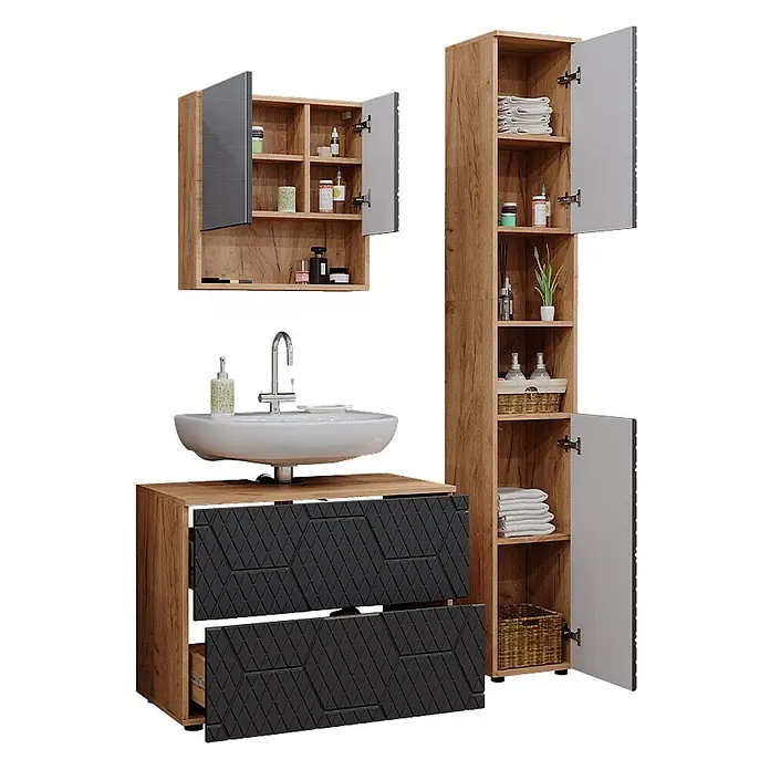 Vicco Badmöbel-Set Irma Anthrazit 3 Teile, mit Schubladenschrank und Hochschrank - Gesamtbreite Badmöbel: 110 cm, Anthrazit mit Wabenstruktur, Matt - Badmöbel-Set in Holzoptik mit dunkelgrauen strukturierten Fronten, bestehend aus Waschtischunterschrank, Spiegelschrank und Hochschrank.