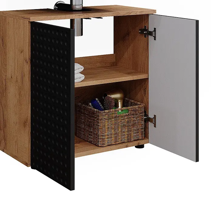 Vicco Badmöbel-Set Irma Anthrazit gepunktet 2 Teile, Unterschrank 60 cm - Gesamtbreite Badmöbel: 60 cm, Anthrazit gepunktet, Matt - Hölzerner Badezimmerschrank mit schwarzer strukturierter Tür, grauer Tür, Innenablage und Weidenkorb mit Föhn. Wasserhahn sichtbar.