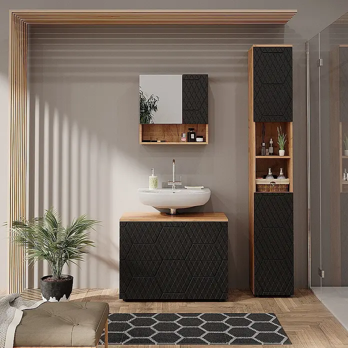 Vicco Badmöbel-Set Irma Anthrazit 3 Teile, mit Schubladenschrank und Hochschrank - Gesamtbreite Badmöbel: 110 cm, Anthrazit mit Wabenstruktur, Matt - Moderne Badmöbel-Set mit schwarzen Fronten in geometrischem Muster und Naturholz-Elementen: Waschtisch, Spiegelschrank und Hochschrank.