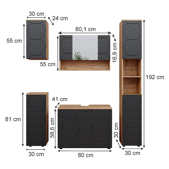 Vicco Badmöbel-Set Irma Anthrazit mit Wabenstruktur 5 Teile - Gesamtbreite Badmöbel: 140 cm, Anthrazit mit Wabenstruktur, Matt - Ein Set moderner Badmöbel in Eiche und Dunkelgrau mit strukturierten Fronten, bestehend aus Schränken, einem Waschtisch und einem Spiegel.