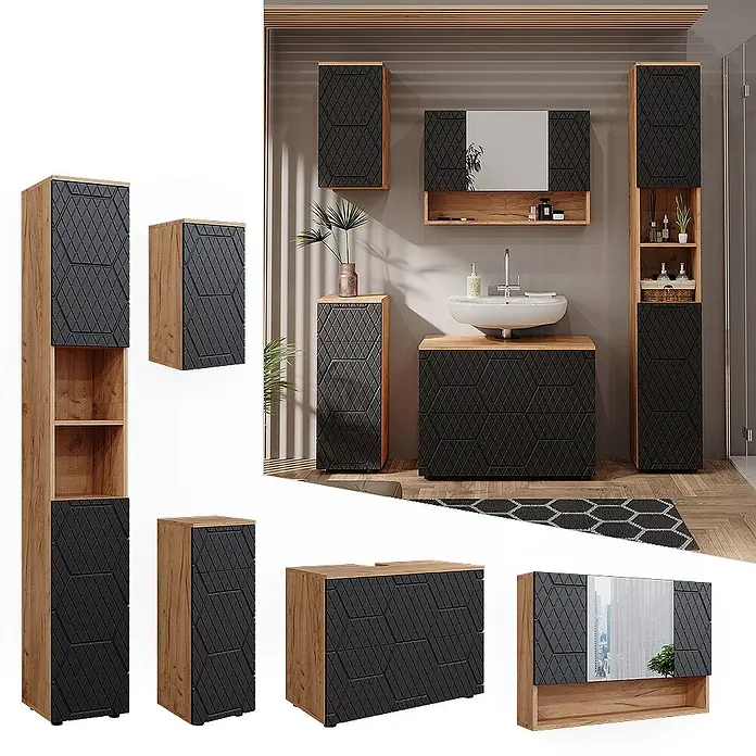 Vicco Badmöbel-Set Irma Anthrazit mit Wabenstruktur 5 Teile - Gesamtbreite Badmöbel: 140 cm, Anthrazit mit Wabenstruktur, Matt - Badezimmermöbel-Set: helle Holzoptik-Rahmen, dunkelgraue geometrisch texturierte Fronten. Beinhaltet Waschtisch, Hochschränke und Wandschränke.