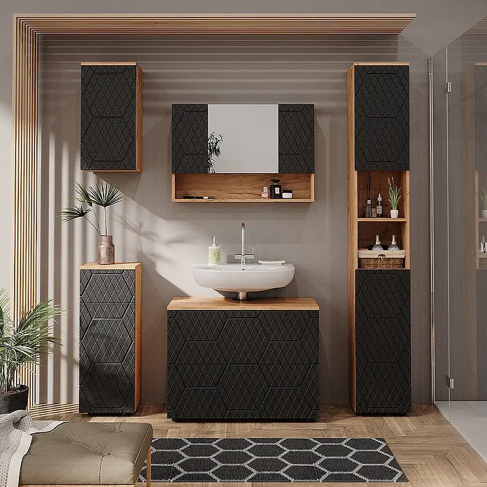 Vicco Badmöbel-Set Irma Anthrazit mit Wabenstruktur 5 Teile - Gesamtbreite Badmöbel: 140 cm, Anthrazit mit Wabenstruktur, Matt - Modernes Badezimmerset: Naturholz- und schwarze Einheiten, Rautenmuster. Inklusive Waschtisch, Spiegelschrank, Stauraum.