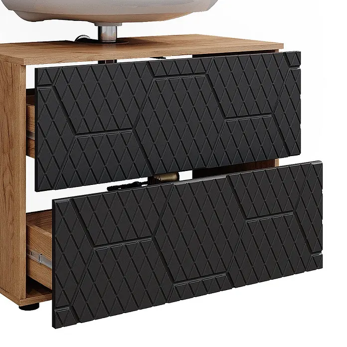 Vicco Badmöbel-Set Irma Anthrazit mit Wabenstruktur 5 Teile - Gesamtbreite Badmöbel: 140 cm, Anthrazit mit Wabenstruktur, Matt - Heller Badunterschrank aus Holz mit zwei leicht geöffneten schwarzen Schubladen mit Rautenmuster. Ein weißes Waschbecken ist sichtbar.