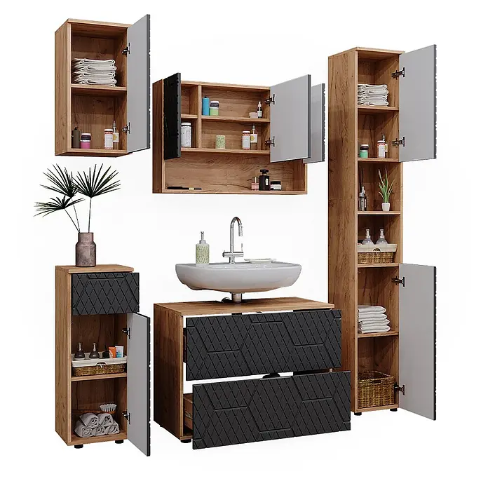 Vicco Badmöbel-Set Irma Anthrazit mit Wabenstruktur 5 Teile - Gesamtbreite Badmöbel: 140 cm, Anthrazit mit Wabenstruktur, Matt - Modernes Badmöbelset aus heller Holzmaserung mit dunkelgrauen strukturierten Fronten, inkl. Schränke und Waschtisch mit Waschbecken.