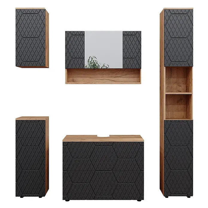 Vicco Badmöbel-Set Irma Anthrazit mit Wabenstruktur 5 Teile - Gesamtbreite Badmöbel: 140 cm, Anthrazit mit Wabenstruktur, Matt - Modernes Badmöbel-Set mit hellen Holzrahmen und dunkelgrauen, rautenförmig gemusterten Schrankfronten.