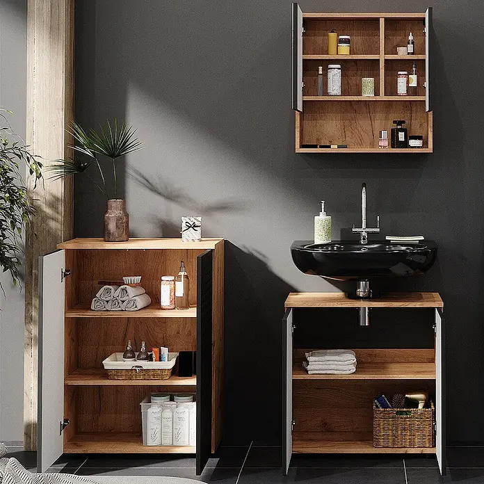 Vicco Badmöbel-Set Irma Anthrazit gepunktet 3 Teile, mit Unterschrank 60 cm - Gesamtbreite Badmöbel: 120 cm, Anthrazit gepunktet, Matt - Modernes Badezimmerschrank-Set aus Holz mit schwarzem Waschbecken, bietet Stauraum für Toilettenartikel und Handtücher.
