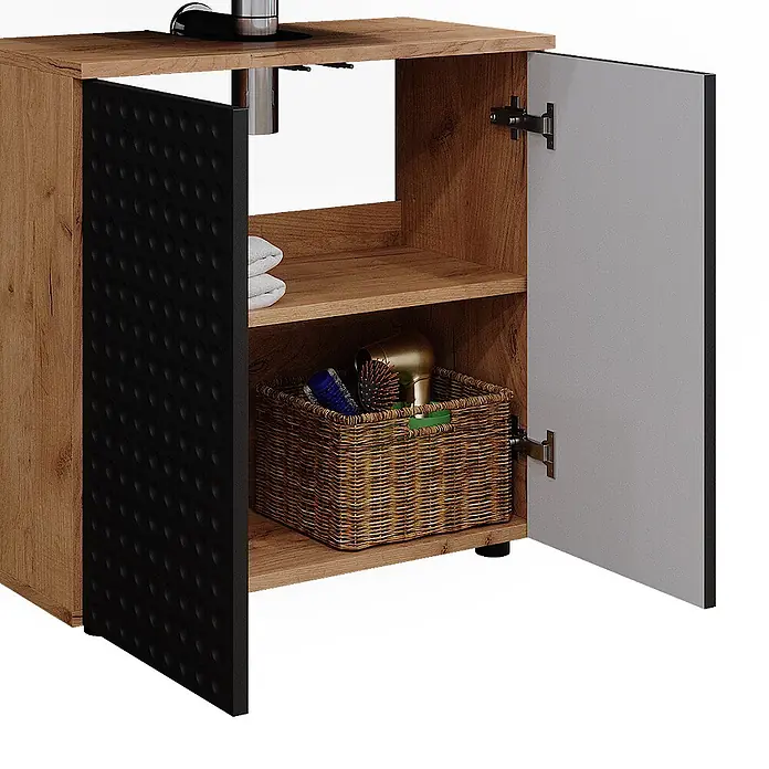 Vicco Badmöbel-Set Irma Anthrazit gepunktet 3 Teile, mit Unterschrank 60 cm - Gesamtbreite Badmöbel: 120 cm, Anthrazit gepunktet, Matt - Zweitüriger Badunterschrank in Eichenoptik mit schwarzer Texturfront und hellgrauer Tür. Bietet Stauraum für Badartikel.