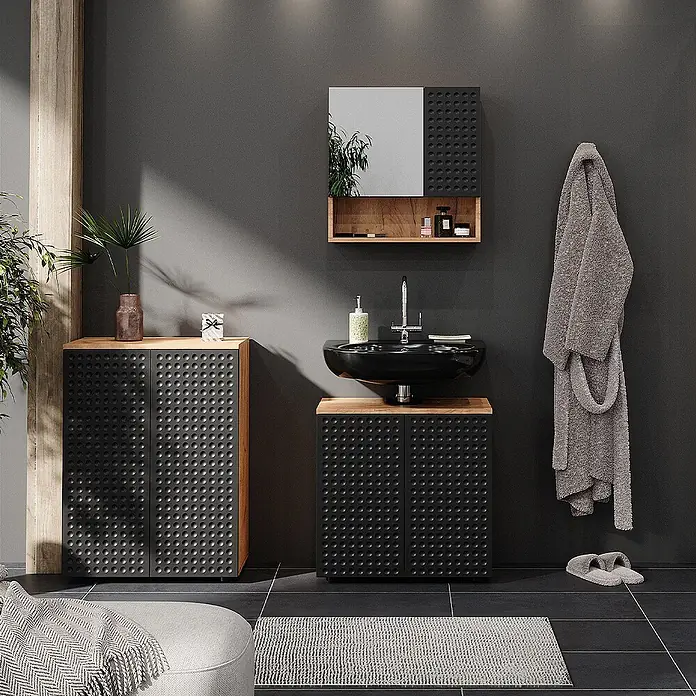 Vicco Badmöbel-Set Irma Anthrazit gepunktet 3 Teile, mit Unterschrank 60 cm - Gesamtbreite Badmöbel: 120 cm, Anthrazit gepunktet, Matt - Moderne schwarze Badmöbel: Waschtisch, Hochschrank und Spiegelschrank mit genoppten Fronten und Holz-Akzenten.