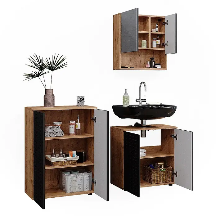 Vicco Badmöbel-Set Irma Anthrazit gepunktet 3 Teile, mit Unterschrank 60 cm - Gesamtbreite Badmöbel: 120 cm, Anthrazit gepunktet, Matt - Badmöbel-Set: Spiegelschrank, Aufbewahrungsschrank und Waschtisch mit schwarzem Waschbecken, Holzoptik, gemusterte schwarze Seiten und graue Türen.