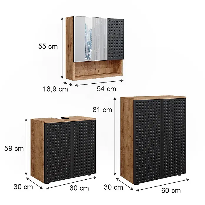 Vicco Badmöbel-Set Irma Anthrazit gepunktet 3 Teile, mit Unterschrank 60 cm - Gesamtbreite Badmöbel: 120 cm, Anthrazit gepunktet, Matt - Dreiteiliges Set aus hellen Holzoptik- und schwarzen Strukturschränken: ein Wandschrank mit Spiegel, ein niedriger und ein hoher Bodenschrank.