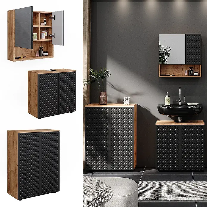 Vicco Badmöbel-Set Irma Anthrazit gepunktet 3 Teile, mit Unterschrank 60 cm - Gesamtbreite Badmöbel: 120 cm, Anthrazit gepunktet, Matt - Badmöbel in Holzoptik mit schwarzen genoppten Türen: Spiegelschrank und zwei Unterschränke, einer als Waschtischunterschrank.