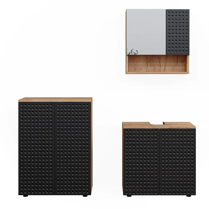 Vicco Badmöbel-Set Irma Anthrazit gepunktet 3 Teile, mit Unterschrank 60 cm - Gesamtbreite Badmöbel: 120 cm, Anthrazit gepunktet, Matt - Badezimmermöbel-Set mit schwarzen strukturierten Türen und hellen Holzakzenten, inklusive Spiegelschrank, Hochschrank und Unterschrank.