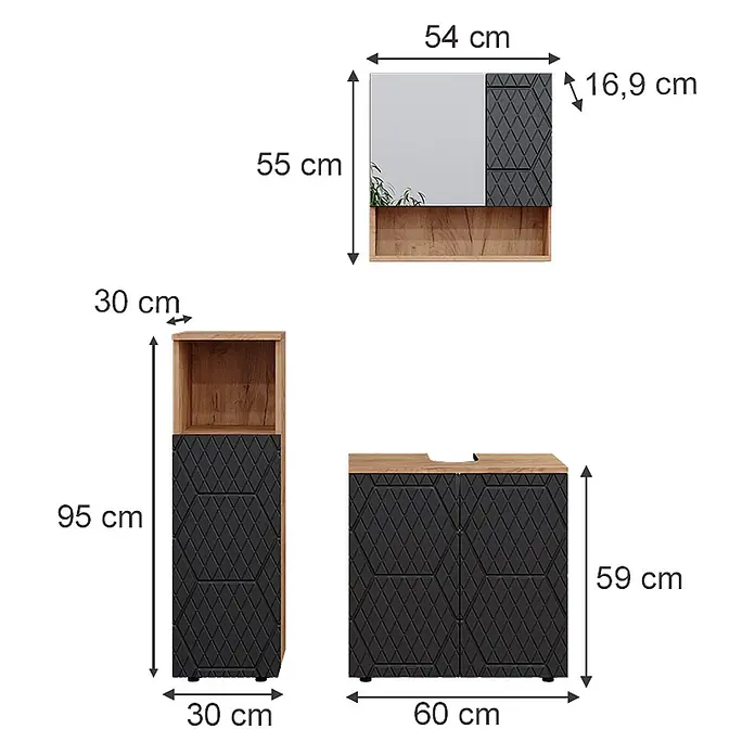 Vicco Badmöbel-Set Irma Anthrazit mit Wabenstruktur 3 Teile - Gesamtbreite Badmöbel: 90 cm, Anthrazit mit Wabenstruktur, Matt - Drei moderne Badmöbel: ein Wandspiegelkabinett, ein hoher Lagerschrank und ein Waschtischunterschrank, mit Holzoptik und dunkelgrauen Strukturfronten.