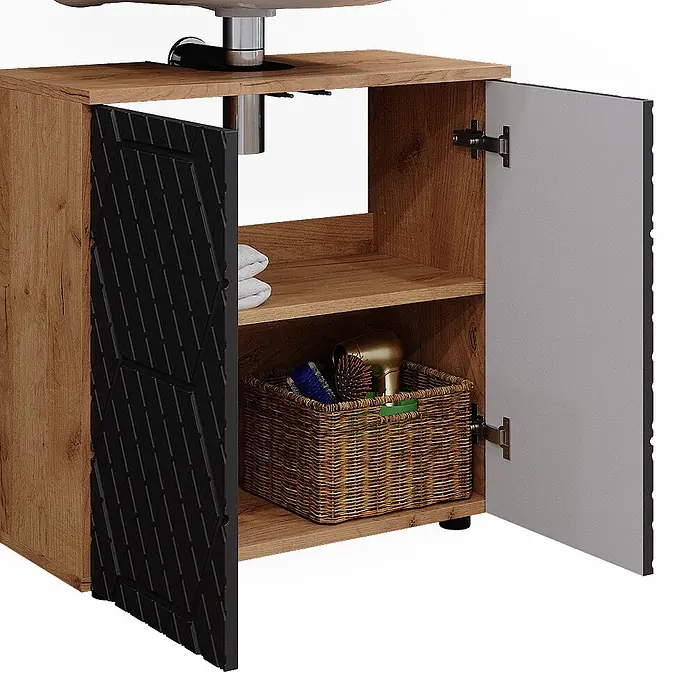 Vicco Badmöbel-Set Irma Anthrazit mit Wabenstruktur 3 Teile - Gesamtbreite Badmöbel: 90 cm, Anthrazit mit Wabenstruktur, Matt - Holz-Waschtischunterschrank mit schwarzen strukturierten und grauen Türen, inklusive Innenablagen zur Aufbewahrung.