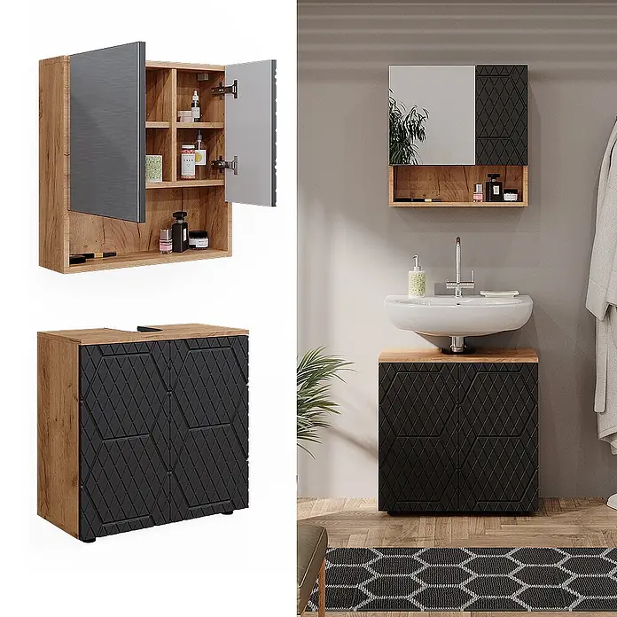 Vicco Badmöbel-Set Irma Anthrazit mit Wabenstruktur 2 Teile, Unterschrank 60 cm - Gesamtbreite Badmöbel: 60 cm, Anthrazit mit Wabenstruktur, Matt - Badezimmermöbelset aus hellem Holz mit schwarzen Rautenfronten. Umfasst einen Spiegelschrank und einen Unterschrank mit Waschbecken.