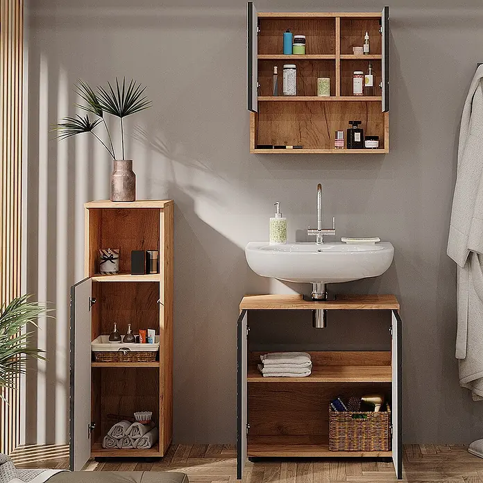 Vicco Badmöbel-Set Irma Anthrazit mit Wabenstruktur 3 Teile - Gesamtbreite Badmöbel: 90 cm, Anthrazit mit Wabenstruktur, Matt - Drei Badmöbel aus hellem Holz: ein Wandschrank, ein Waschtischunterschrank und ein hoher Schrank für Pflegeprodukte und Handtücher.