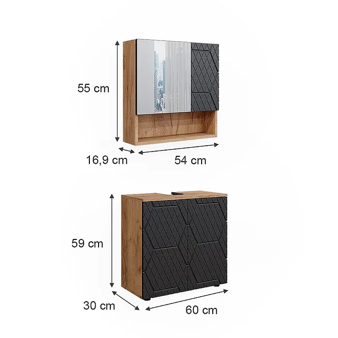 Vicco Badmöbel-Set Irma Anthrazit mit Wabenstruktur 2 Teile, Unterschrank 60 cm - Gesamtbreite Badmöbel: 60 cm, Anthrazit mit Wabenstruktur, Matt - Zwei hellbraune und schwarz-strukturierte Möbelstücke: ein Wandschrank mit Spiegel und ein Unterschrank mit zwei Türen, Maßangaben.