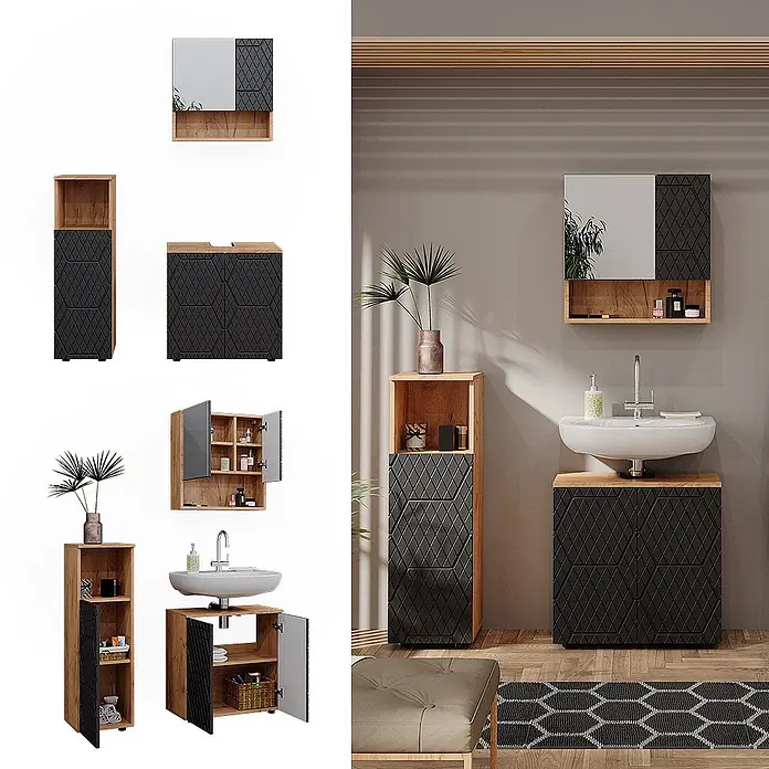 Vicco Badmöbel-Set Irma Anthrazit mit Wabenstruktur 3 Teile - Gesamtbreite Badmöbel: 90 cm, Anthrazit mit Wabenstruktur, Matt - Modernes Badmöbel-Set aus hellem Holz und schwarzen Fronten mit Rautenmuster, inklusive Spiegelschrank, Hochschrank und Waschtischunterschrank.