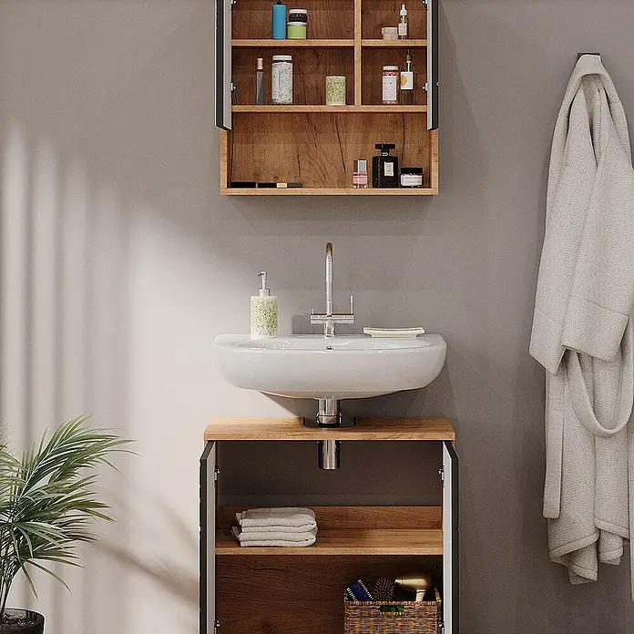 Vicco Badmöbel-Set Irma Anthrazit mit Wabenstruktur 2 Teile, Unterschrank 60 cm - Gesamtbreite Badmöbel: 60 cm, Anthrazit mit Wabenstruktur, Matt - Modernes Badmöbel-Set mit weißem Waschbecken, hellem Holzunterschrank und Wandschrank für Toilettenartikel.