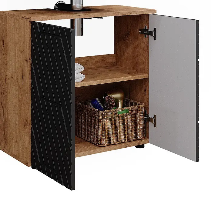 Vicco Badmöbel-Set Irma Anthrazit mit Wabenstruktur 2 Teile, Unterschrank 60 cm - Gesamtbreite Badmöbel: 60 cm, Anthrazit mit Wabenstruktur, Matt - Hölzerner Badezimmerschrank mit schwarzer strukturierter Tür und heller grauer Tür, mit internen Ablageflächen.