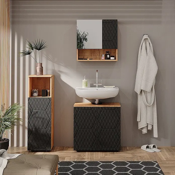 Vicco Badmöbel-Set Irma Anthrazit mit Wabenstruktur 3 Teile - Gesamtbreite Badmöbel: 90 cm, Anthrazit mit Wabenstruktur, Matt - Schwarzer Badunterschrank, Hochschrank und Spiegelschrank mit geometrischem Muster und Holzdetails.