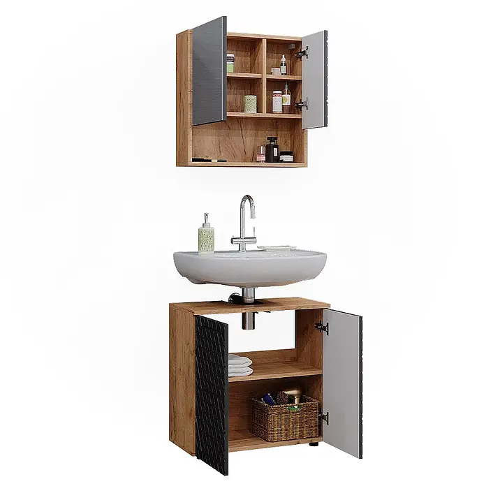 Vicco Badmöbel-Set Irma Anthrazit mit Wabenstruktur 2 Teile, Unterschrank 60 cm - Gesamtbreite Badmöbel: 60 cm, Anthrazit mit Wabenstruktur, Matt - Badmöbel-Set: helle Holzschränke, graue und schwarze Türen, weißes Aufsatzwaschbecken und Chromarmatur, mit viel Stauraum.