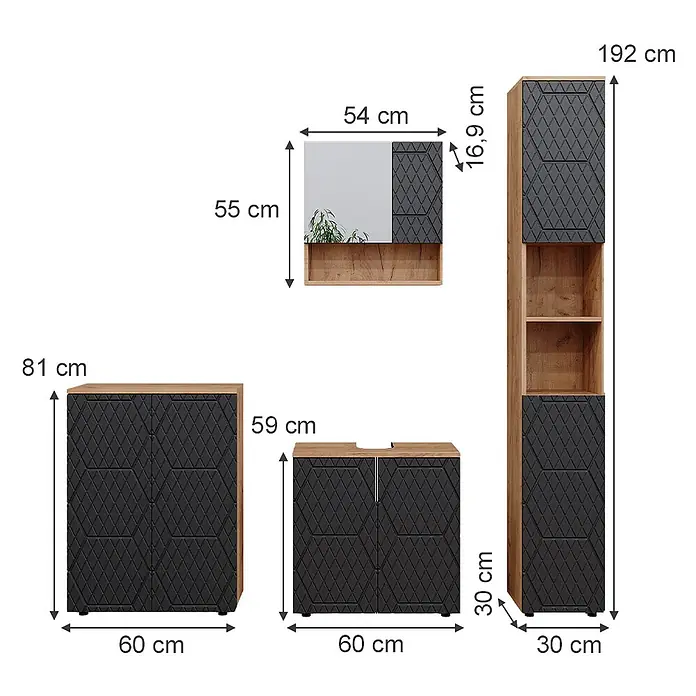 Vicco Badmöbel-Set Irma Anthrazit mit Wabenstruktur 4 Teile, mit Hochschrank und Kommode - Gesamtbreite Badmöbel: 150 cm, Anthrazit mit Wabenstruktur, Matt - Badmöbelset in Holzoptik und Anthrazit mit Strukturmuster, bestehend aus Hochschrank, Waschtischunterschrank, Kommode und Spiegelschrank mit Ablage.