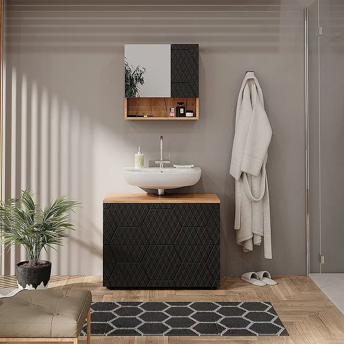 Vicco Badmöbel-Set Irma Anthrazit mit Wabenstruktur 2 Teile - Gesamtbreite Badmöbel: 80 cm, Anthrazit mit Wabenstruktur, Matt - Schwarzer Badwaschtisch mit geometrischem Muster und Holzplatte, dazu passender Wandschrank und weißes Waschbecken.