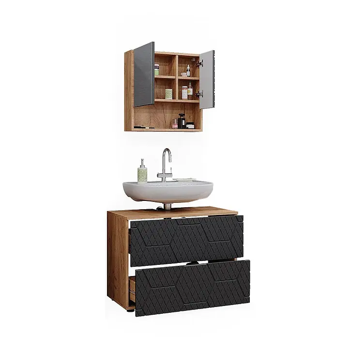 Vicco Badmöbel-Set Irma Anthrazit mit Wabenstruktur 2 Teile - Gesamtbreite Badmöbel: 80 cm, Anthrazit mit Wabenstruktur, Matt - Modernes Badezimmerset aus Holz mit weißem Waschbecken, Chromarmatur, schwarzen strukturierten Schubladen und passendem Spiegelschrank.