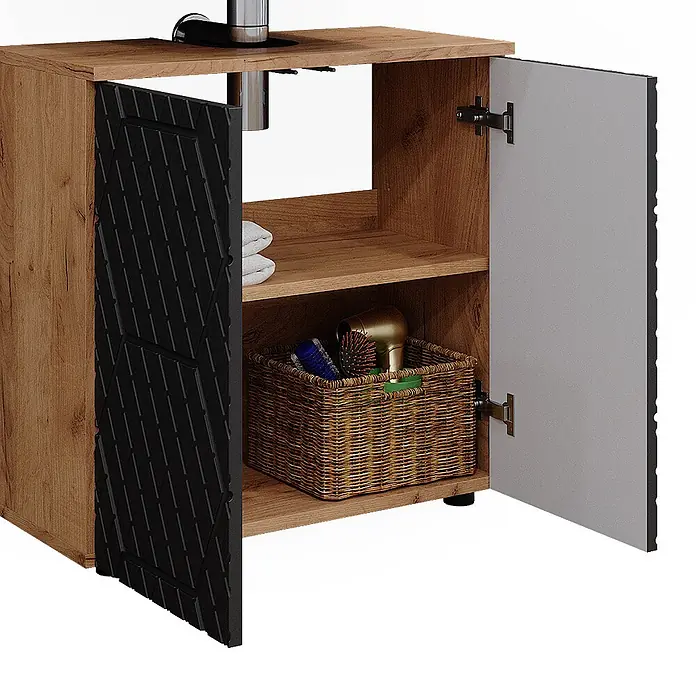 Vicco Badmöbel-Set Irma Anthrazit mit Wabenstruktur 4 Teile, mit Hochschrank und Kommode - Gesamtbreite Badmöbel: 150 cm, Anthrazit mit Wabenstruktur, Matt - Hölzerner Badezimmerschrank mit geöffneten schwarzen strukturierten und hellgrauen Türen, Regale mit Handtüchern und Korb zeigend.