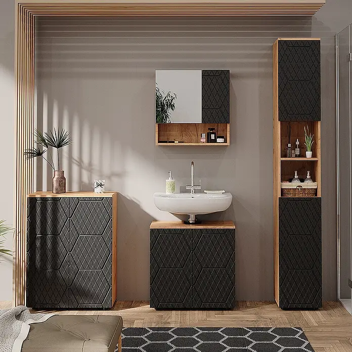 Vicco Badmöbel-Set Irma Anthrazit mit Wabenstruktur 4 Teile, mit Hochschrank und Kommode - Gesamtbreite Badmöbel: 150 cm, Anthrazit mit Wabenstruktur, Matt - Modernes Badmöbel-Set mit schwarzen Schränken in geometrischem Muster und warmen Holzelementen, inklusive Waschtisch, Beistell- und Hochschrank.