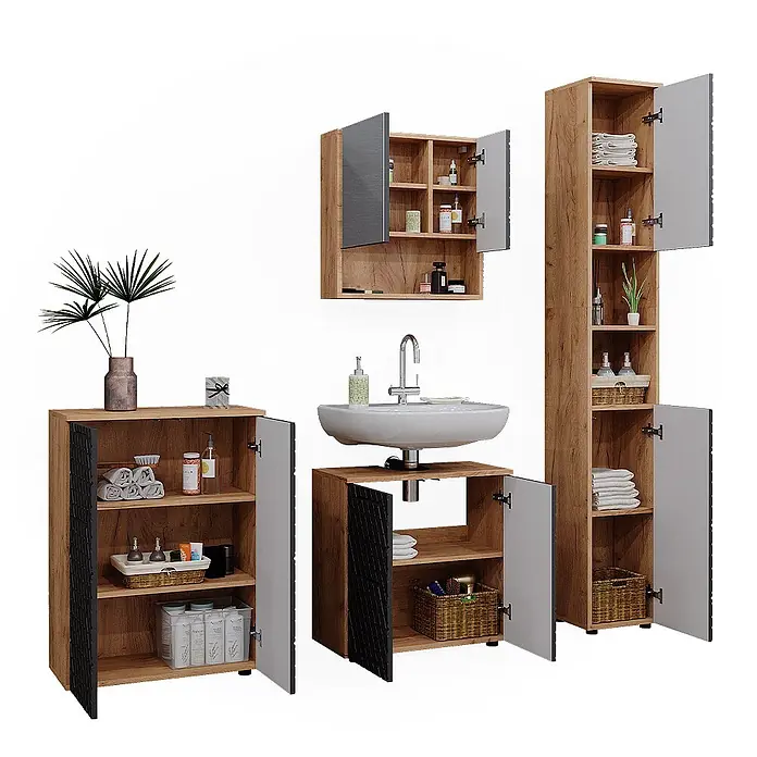 Vicco Badmöbel-Set Irma Anthrazit mit Wabenstruktur 4 Teile, mit Hochschrank und Kommode - Gesamtbreite Badmöbel: 150 cm, Anthrazit mit Wabenstruktur, Matt - Badezimmermöbel-Set: Holzdekor-Schränke mit hellgrauen Türen und schwarzen Akzenten, bestehend aus Wand-, Hoch-, Waschbecken- und Beistellschrank.
