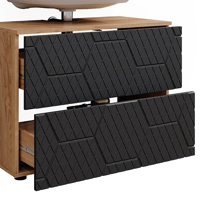 Vicco Badmöbel-Set Irma Anthrazit mit Wabenstruktur 2 Teile - Gesamtbreite Badmöbel: 80 cm, Anthrazit mit Wabenstruktur, Matt - Waschtischunterschrank aus Holz mit zwei schwarzen gemusterten Schubladen, eine offen, Stauraum zeigend.