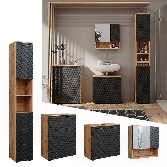 Vicco Badmöbel-Set Irma Anthrazit mit Wabenstruktur 4 Teile, mit Hochschrank und Kommode - Gesamtbreite Badmöbel: 150 cm, Anthrazit mit Wabenstruktur, Matt - Modernes Badmöbel-Set: helle Holzschränke, schwarze Türen mit Rautenmuster (Hochschrank, Waschtisch, Spiegelschrank).