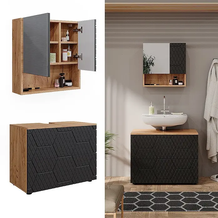 Vicco Badmöbel-Set Irma Anthrazit mit Wabenstruktur 2 Teile - Gesamtbreite Badmöbel: 80 cm, Anthrazit mit Wabenstruktur, Matt - Badezimmermöbel-Set aus hellem Holz und schwarzen, strukturierten Fronten mit Spiegelschrank und Waschtischunterschrank.