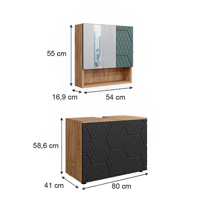 Vicco Badmöbel-Set Irma Anthrazit mit Wabenstruktur 2 Teile - Gesamtbreite Badmöbel: 80 cm, Anthrazit mit Wabenstruktur, Matt - Modernes Badezimmermöbel-Set: ein Waschtischunterschrank aus Holz mit dunklen gemusterten Schubladen und ein passender Wandschrank mit Spiegel und dunkler gemusterter Tür.