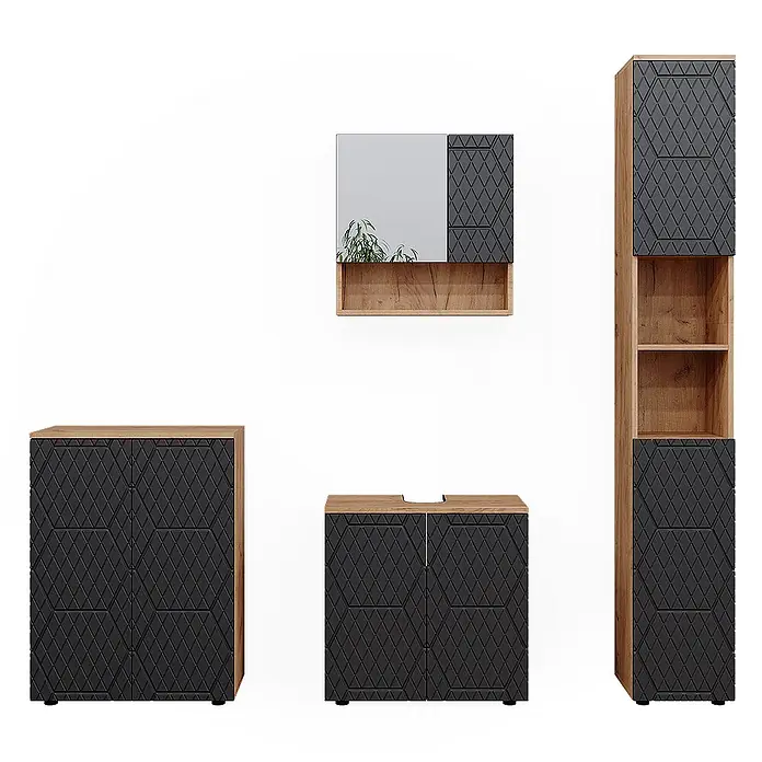 Vicco Badmöbel-Set Irma Anthrazit mit Wabenstruktur 4 Teile, mit Hochschrank und Kommode - Gesamtbreite Badmöbel: 150 cm, Anthrazit mit Wabenstruktur, Matt - Badezimmerschrank-Set aus hellem Holz mit dunkelgrauen Rautenmuster-Türen, inkl. Hoch-, Waschbecken-, Seiten- und Spiegelschrank.
