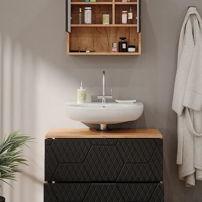 Vicco Badmöbel-Set Irma Anthrazit mit Wabenstruktur 2 Teile - Gesamtbreite Badmöbel: 80 cm, Anthrazit mit Wabenstruktur, Matt - Moderner Badezimmerwaschtisch: weißes Waschbecken, Holzplatte, schwarze strukturierte Schubladen und ein Holz-Wandschrank.